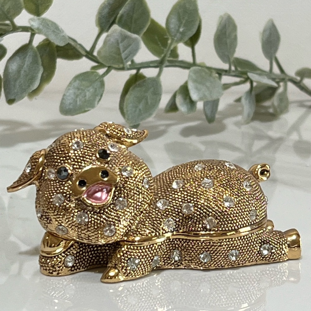 PIG Jeweled Enamel Hinged Trinket Box